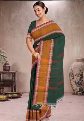 Forest emerald green & mustard brown chettinad cotton saree with running blouse 4