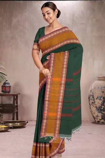 Forest emerald green & mustard brown chettinad cotton saree with running blouse