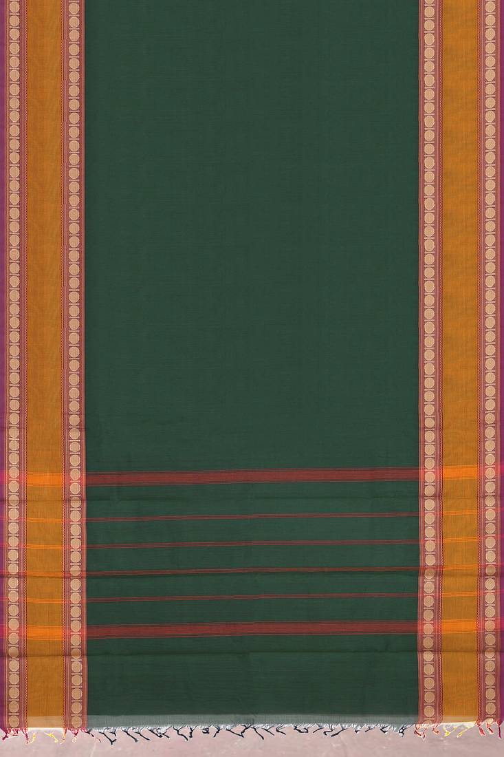 Forest emerald green & mustard brown chettinad cotton saree with running blouse