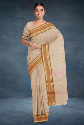 Beige (natural flax) & copper brown chettinad cotton saree with running blouse 1