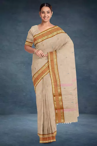 Beige (natural flax) & copper brown chettinad cotton saree with running blouse