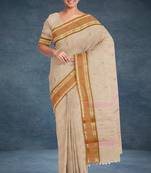 Beige (natural flax) & copper brown chettinad cotton saree with running blouse