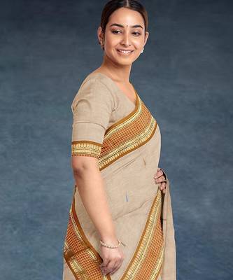 Beige (natural flax) & copper brown chettinad cotton saree with running blouse 2