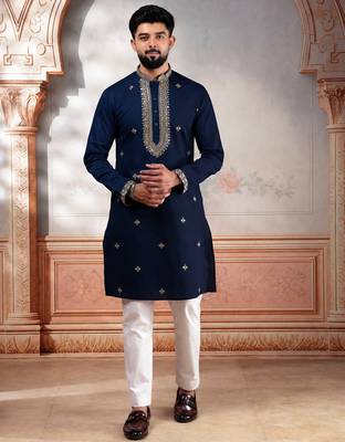 Navy blue embroidered kurta payjama for mens' traditional looks 1