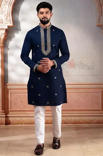 Navy blue embroidered kurta payjama for mens' traditional looks
