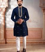 Navy blue embroidered kurta payjama for mens' traditional looks