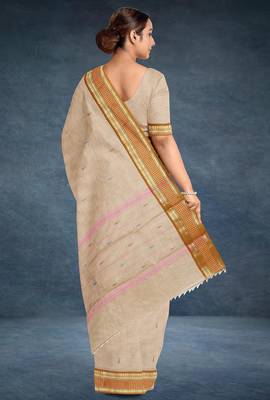 Beige (natural flax) & copper brown chettinad cotton saree with running blouse 3