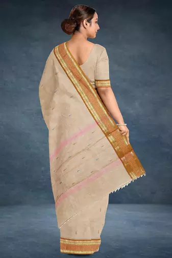 Beige (natural flax) & copper brown chettinad cotton saree with running blouse