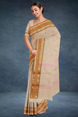 Beige (natural flax) & copper brown chettinad cotton saree with running blouse 4