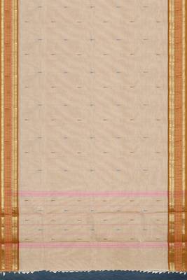 Beige (natural flax) & copper brown chettinad cotton saree with running blouse 5