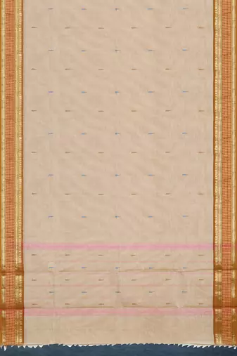 Beige (natural flax) & copper brown chettinad cotton saree with running blouse