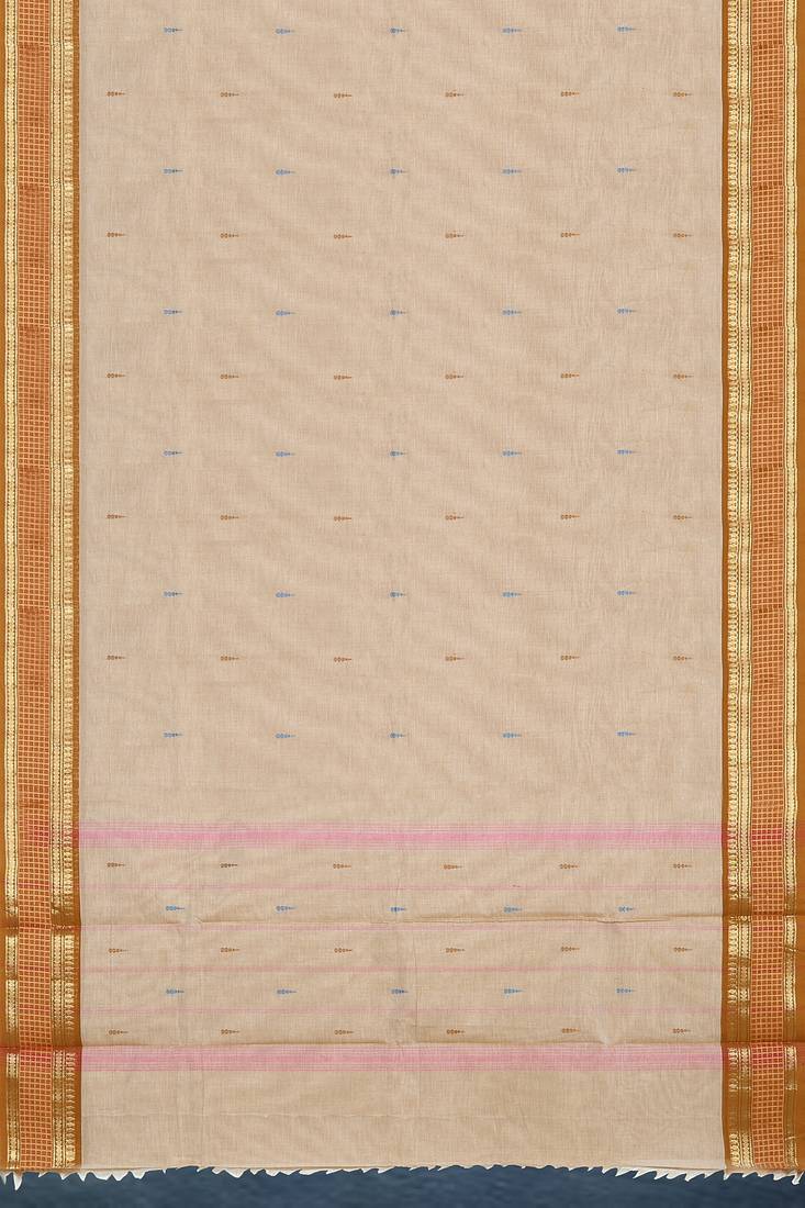 Beige (natural flax) & copper brown chettinad cotton saree with running blouse