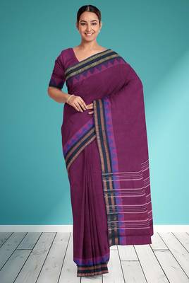 Plum purple & midnight navy blue chettinad cotton saree with running blouse 1