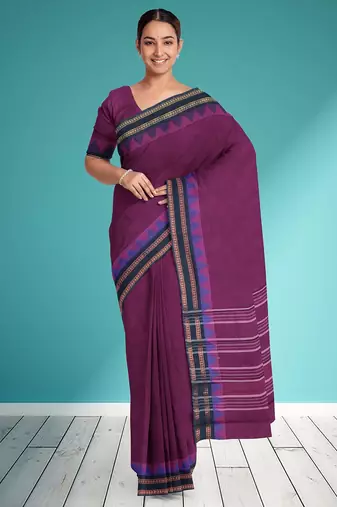 Plum purple & midnight navy blue chettinad cotton saree with running blouse