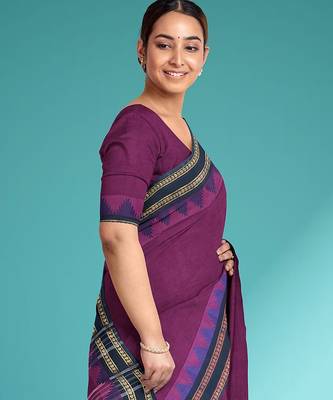 Plum purple & midnight navy blue chettinad cotton saree with running blouse 2