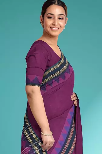 Plum purple & midnight navy blue chettinad cotton saree with running blouse