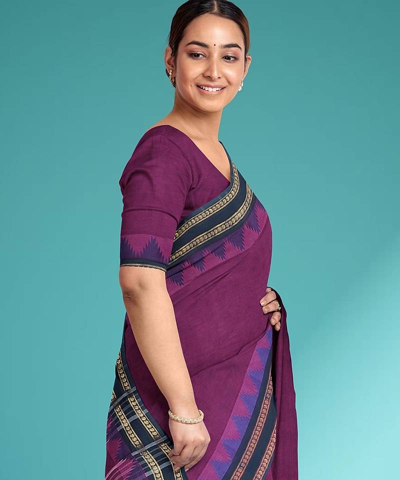 Plum purple & midnight navy blue chettinad cotton saree with running blouse