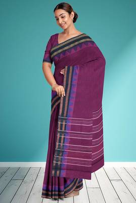 Plum purple & midnight navy blue chettinad cotton saree with running blouse 4