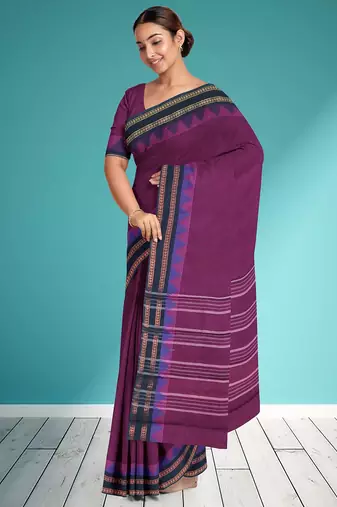 Plum purple & midnight navy blue chettinad cotton saree with running blouse