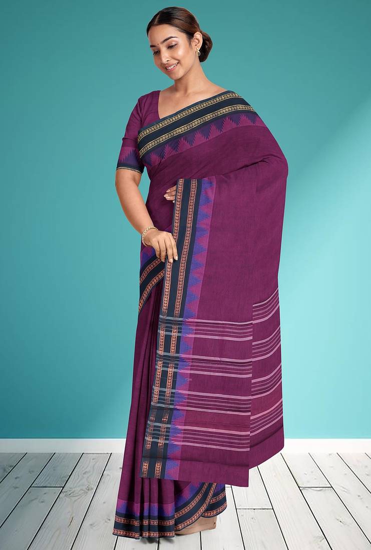 Plum purple & midnight navy blue chettinad cotton saree with running blouse