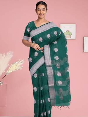 Forest/deep peacock green & antique silver mau silk cotton saree with running blouse 1