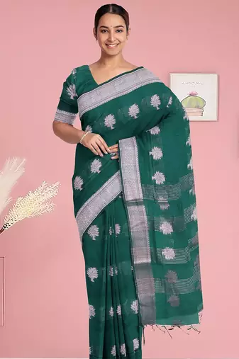 Forest/deep peacock green & antique silver mau silk cotton saree with running blouse