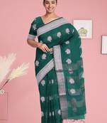 Forest/deep peacock green & antique silver mau silk cotton saree with running blouse