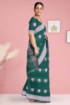 Forest/deep peacock green & antique silver mau silk cotton saree with running blouse 2