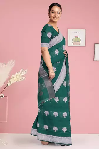 Forest/deep peacock green & antique silver mau silk cotton saree with running blouse