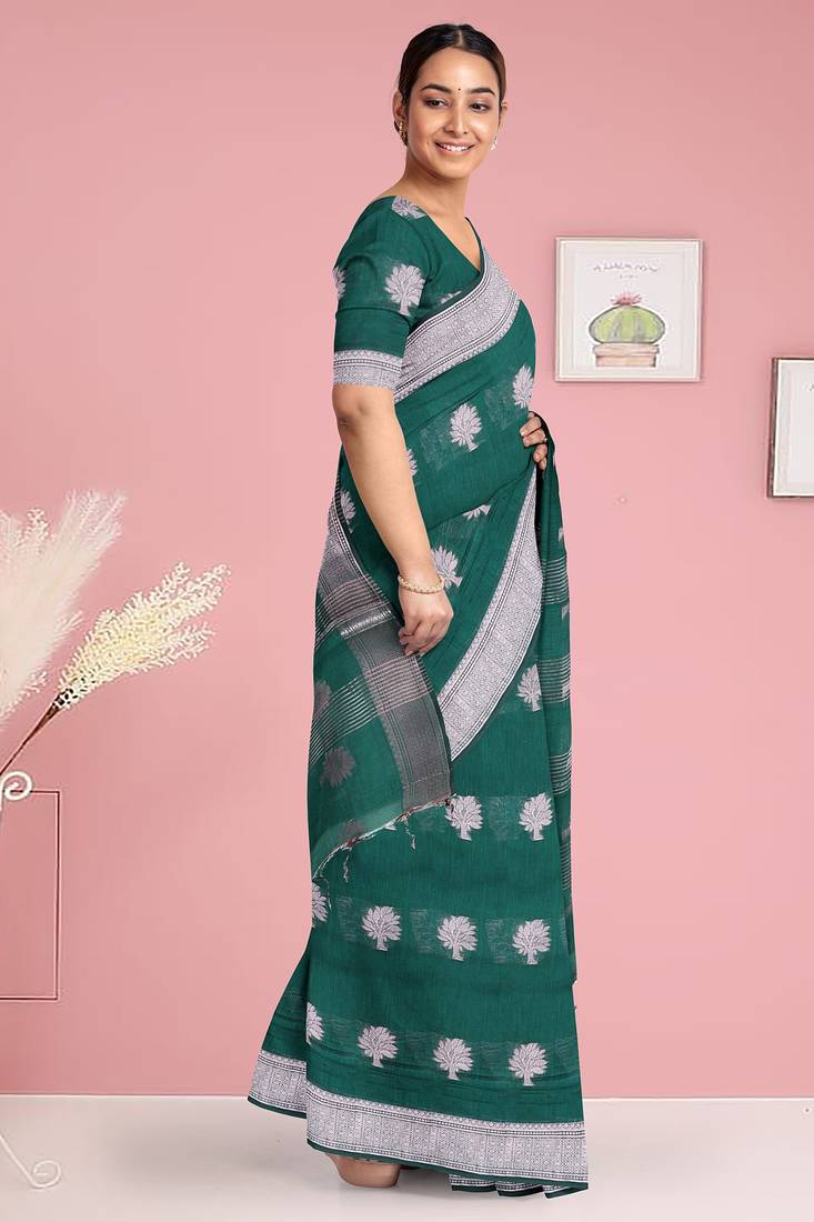 Forest/deep peacock green & antique silver mau silk cotton saree with running blouse
