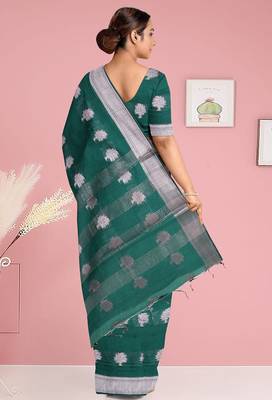 Forest/deep peacock green & antique silver mau silk cotton saree with running blouse 3
