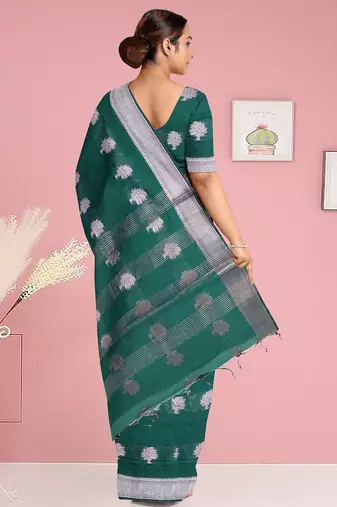 Forest/deep peacock green & antique silver mau silk cotton saree with running blouse