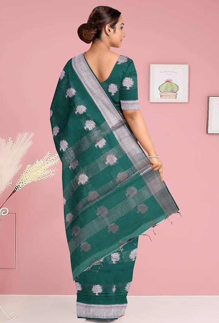 Forest/deep peacock green & antique silver mau silk cotton saree with running blouse