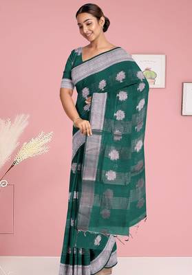 Forest/deep peacock green & antique silver mau silk cotton saree with running blouse 4
