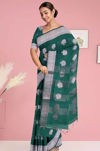 Forest/deep peacock green & antique silver mau silk cotton saree with running blouse