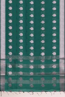 Forest/deep peacock green & antique silver mau silk cotton saree with running blouse 5