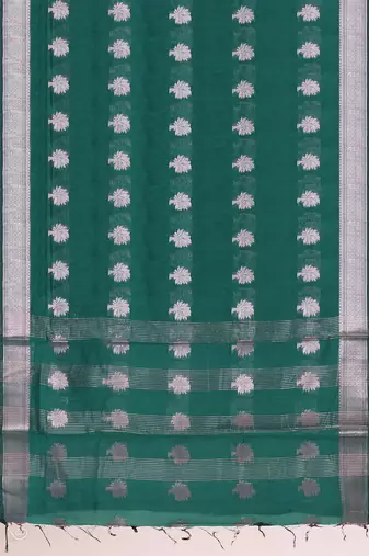 Forest/deep peacock green & antique silver mau silk cotton saree with running blouse
