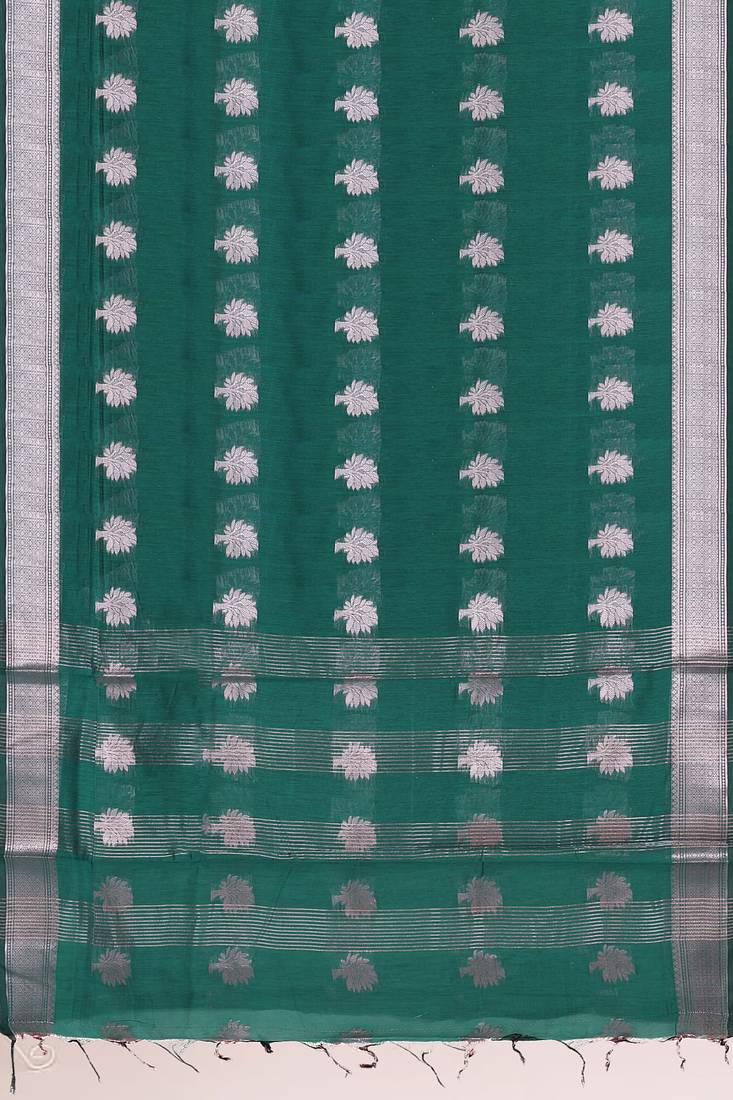Forest/deep peacock green & antique silver mau silk cotton saree with running blouse
