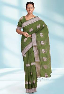 Olive green & antique silver mau silk cotton saree with running blouse 1