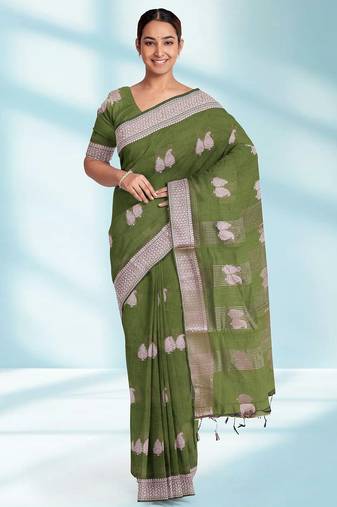Olive green & antique silver mau silk cotton saree with running blouse