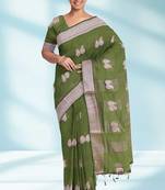 Olive green & antique silver mau silk cotton saree with running blouse