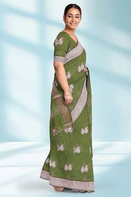 Olive green & antique silver mau silk cotton saree with running blouse 2