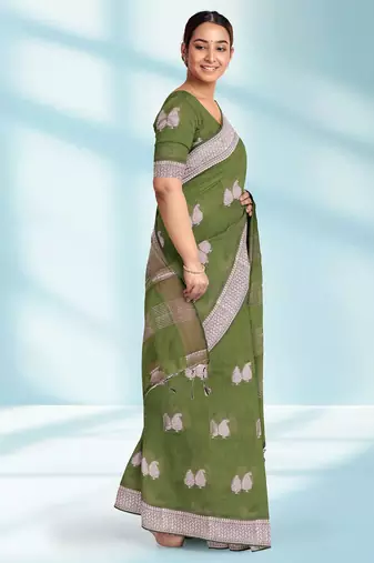 Olive green & antique silver mau silk cotton saree with running blouse