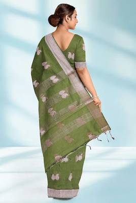 Olive green & antique silver mau silk cotton saree with running blouse 3