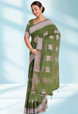 Olive green & antique silver mau silk cotton saree with running blouse 4