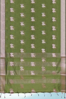 Olive green & antique silver mau silk cotton saree with running blouse 5