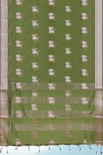 Olive green & antique silver mau silk cotton saree with running blouse