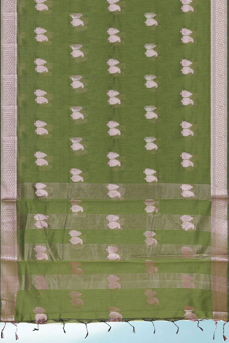 Olive green & antique silver mau silk cotton saree with running blouse