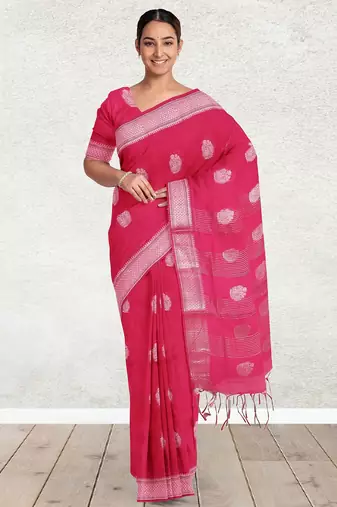 Rani pink & antique silver mau silk cotton saree with running blouse