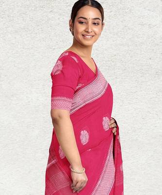 Rani pink & antique silver mau silk cotton saree with running blouse 2
